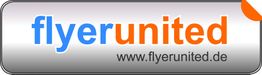 Logo mit Text "flyerunited" in Blau und Orange auf silbernem Hintergrund, Webseite: flyerunited.de.