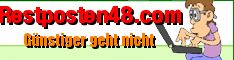 Banner: "Restposten48.com. Günstiger geht nicht." mit Zeichnung einer Figur am Laptop.