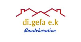 Logo mit drei roten Dächern und Text "di.gefa e.k Baudekoration" in Gelb und Blau.