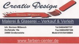 Visitenkarte von Creativ Design für Malerei, Glaserei, Verkauf und Verleih in Großenwiehe.