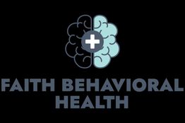 Logo with brain and cross above "Faith Behavioral Health" in bold letters.