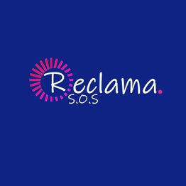 Logo azul con texto: "Reclama S.O.S" y diseño de rayos en tonos rosados.