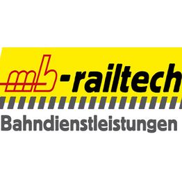 Logo von mb-railtech, gelber Hintergrund, Schriftzug "Bahndienstleistungen" unten.