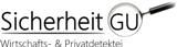 Logo mit Text "Sicherheit GU", Lupe als Design-Element, und "Wirtschafts- & Privatdetektei".