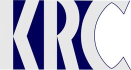 Blau-weißes abstraktes Logo mit Buchstaben "KRC" in einem geometrischen, modernen Stil.