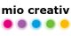 Text "mio creativ" mit fünf bunten Kreisen darunter.