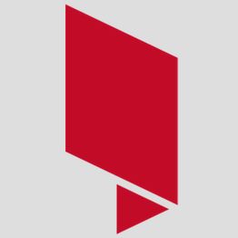 Rotes geometrisches Logo auf grauem Hintergrund, bestehend aus einem Trapez und Dreieck.