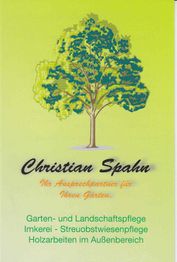 Baum auf grünem Hintergrund mit Text zu Garten- und Landschaftspflege, Imkerei und Holzarbeiten.