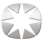 Metal star-like shape with cut-out triangles forming a starburst pattern on a rounded square.