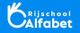 Logo van Rijschool Alfabet met witte tekst en een handgebaar op een blauwe achtergrond.
