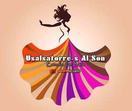 Silueta de bailarina con vestido colorido y texto "Usalsatorre-s Al Son Estudio De Baile".