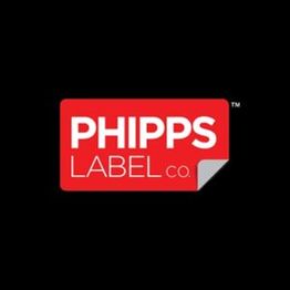 Red Phipps Label Co. logo with a corner peel effect on a black background.