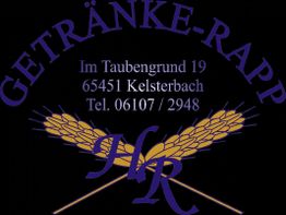 Logo von Getränke-Rapp mit Adresse und Telefonnummer, verziert mit Weizenähren.