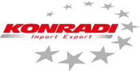 Logo von Konradi Import Export mit roten Buchstaben und grauen Sternen im Halbkreis.
