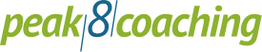 Logo mit grünem Text „peak coaching“ und blauer Zahl „8“ zwischen den Wörtern.