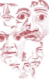 Illustration mit mehreren übereinanderliegenden, roten Gesichtsskizzen auf weißem Hintergrund.