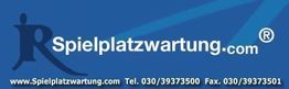 Blaues Logo mit Text "Spielplatzwartung.com", Telefonnummer und Faxnummer auf dunkelblauem Hintergrund.