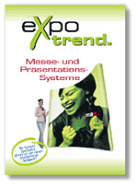 Broschüre mit Aufschrift "expo trend" und "Messe- und Präsentationssysteme", Frau auf grünem Banner.