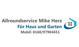 Textlogo für Allroundservice Mike Herz, Haus und Garten, mit Haus-Symbol und Telefonnummer.
