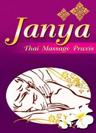 Janya Thai Massage Praxis-Logo mit gezeichneter Massage-Szene, Blüten und dekorativen Mustern.