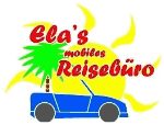 Logo: Blauer PKW, Palme, Sonne, Text "Ela's mobiles Reisebüro" in Rot.