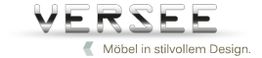 "Versee-Logo mit Slogan: Möbel in stilvollem Design, in grau-weißem Schriftzug."