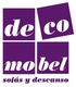Logotipo morado de "decomobel" con el texto "sofás y descanso" abajo.