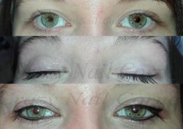 Augen-Make-up: Oben ohne, Mitte geschlossen, unten mit Eyeliner und Wimperntusche.