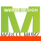 Grünes Logo mit Text "WERBEDESIGN" und "MARCEL MUNZ" in Weiß und einem orangen Streifen unten.