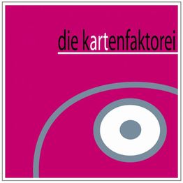 Rosa Logo der "Die Kartenfaktorei" mit stilisiertem Auge und grauem Kreis.