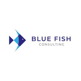 Logo mit blauem Fisch und Text: "Blue Fish Consulting".