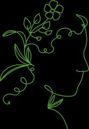 Linienzeichnung eines Gesichts mit grünen Blumen und Blättern auf schwarzem Hintergrund.