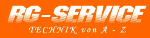 Logo mit Text "RG-SERVICE TECHNIK von A-Z" in weißer Schrift auf orangenem Hintergrund.