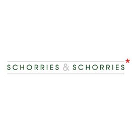Logo mit stilisiertem Text „SCHORRIES & SCHORRIES“ auf weißem Hintergrund mit rotem Stern.