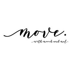 Move with Mooch and Mel - elegant black script text on white background.