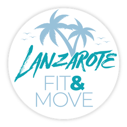 Logo con palmeras, aves y el texto "Lanzarote Fit & Move" en azul sobre fondo blanco.