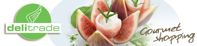 Delitrade-Logo, Feigen mit Sahne, Text "Gourmet shopping".