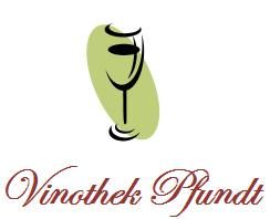 Ein Weinlogo mit Glas-Silhouette und grünem Oval, darunter der Schriftzug "Vinothek Pfundt".