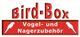 "Logo 'Bird-Box' mit Text: Vogel- und Nagerzubehör, zwei weiße Vogel-Silhouetten."