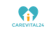 Blaues Herz-Logo mit Haus und Figur innen, darunter "CAREVITAL24" in Großbuchstaben.