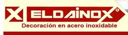 Logo de Eldainox, decoración en acero inoxidable, fondo beige y texto rojo.