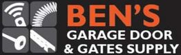 Ben's Garage Door & Gates Supply logo with black background and orange text.