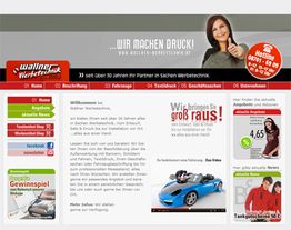 Webseite von Wallner Werbetechnik mit Angeboten, Kontaktinfos und einem Bild von einem Auto.