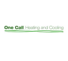 "Logo of One Call Heating and Cooling with green text and lines."