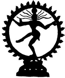 Silhouette von Shiva Nataraja im kosmischen Tanz, umgeben von einem Kreis aus Flammen.