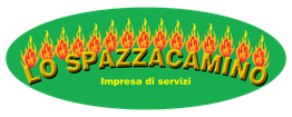 Logo "Lo Spazzacamino" verde con scritta dorata e fiamme rosse sopra, "Impresa di servizi" sotto.