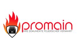 Logo mit Flammen, einem Schild und Text: "pro main - Ihre Dokumente feuersicher verwahrt".