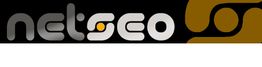 Logo de "netseo" con letras grises y detalles en naranja, fondo negro y diseño abstracto marrón.