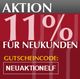 Rabattaktion: 11% für Neukunden mit Gutscheincode "NEUAKTIONELF" auf rotem Hintergrund.