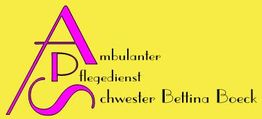 Gelbes Logo mit Text: "Ambulanter Pflegedienst Schwester Bettina Boeck" in Pink und Schwarz.